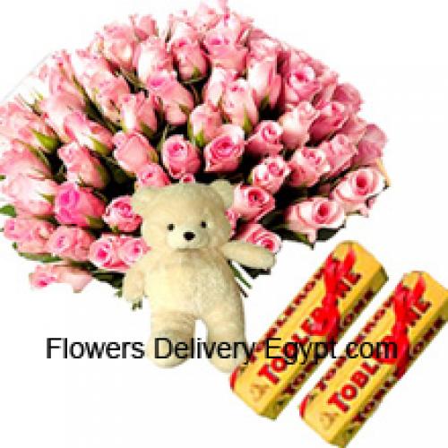 75 Pink Roses with Cute Teddy and Chocolates