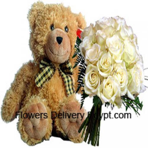 18 Rosas Blancas con Oso de Peluche de 14 Pulgadas