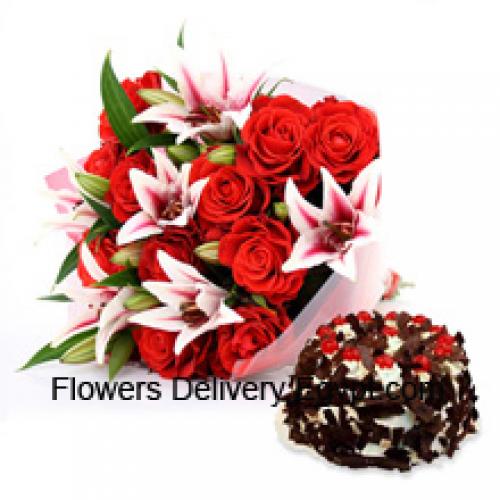 Roses and Lilies with Yummy 1 Kg Choco Crisp Cake