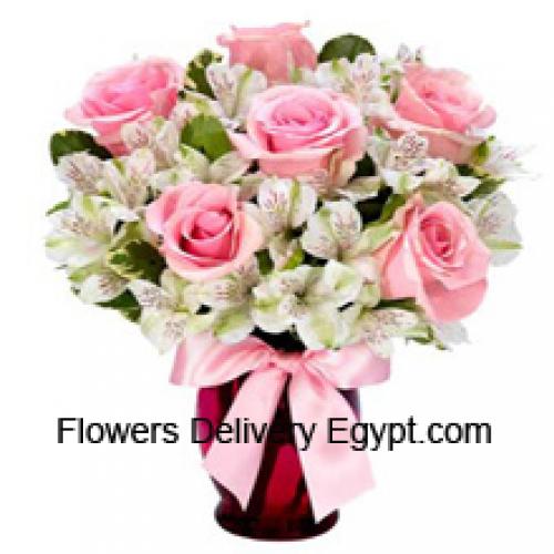 Beautiful Pink Roses and White Alstroemeria