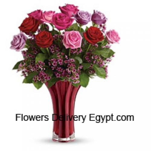 12 Assorted Roses in Vase