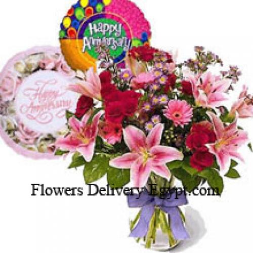 Assorted Flowers With Anniversary Balloon and Cake