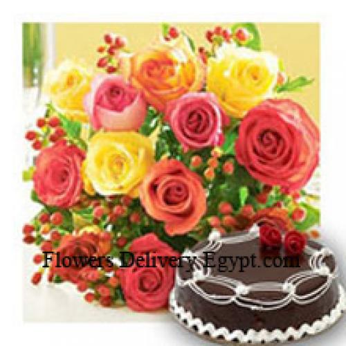 12 Mixed Roses with Yummy Chocolate Cake