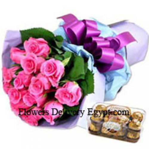 12 Pink Roses with Yummy 16 Pcs Ferrero Rochers