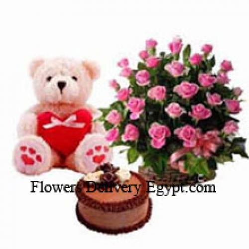 24 Roses with 1.5 Feet Teddy and Cake