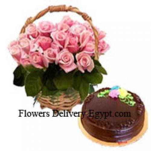 24 Pink Roses with Chocolate Truffle Cake