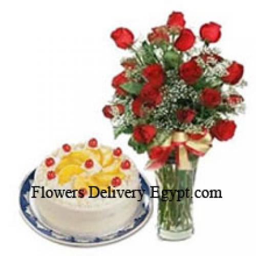 24 Red Roses with Yummy 1/2 Kg Vanilla Cake