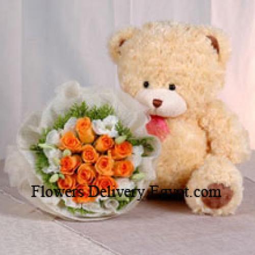 12 Rose Arancioni con Orso Carino