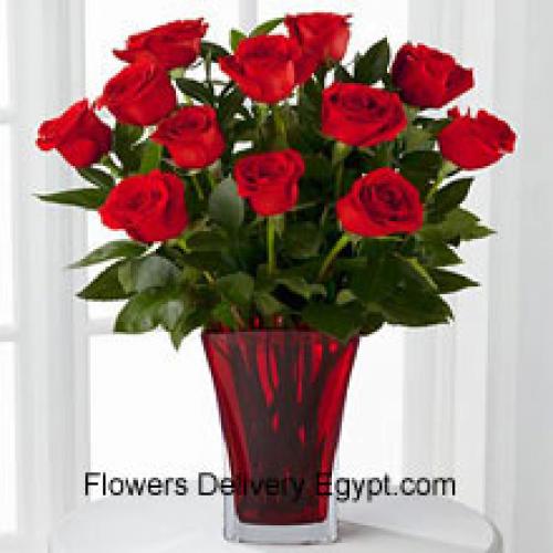 12 Hot Red Roses in Vase