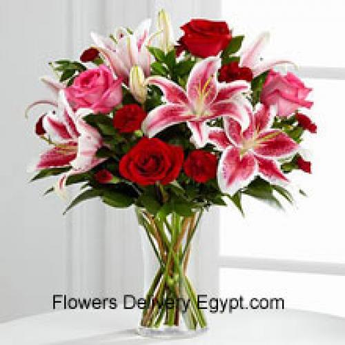 Roses with Pink Lilies in Vase