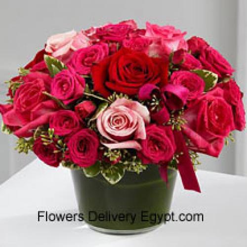 Red and Pink Basket of 24 Roses