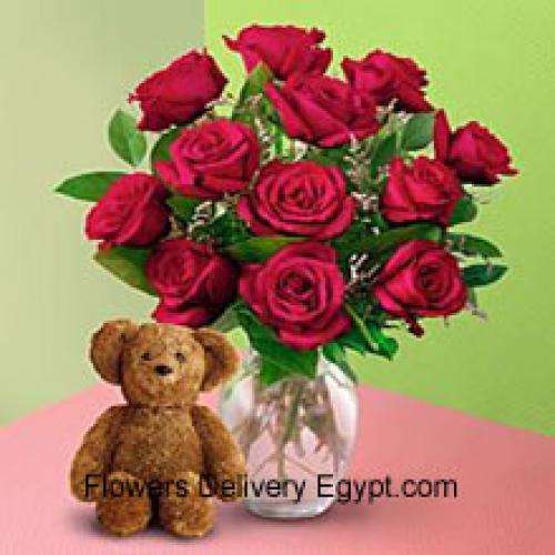 12 Roses in Vase with Teddy